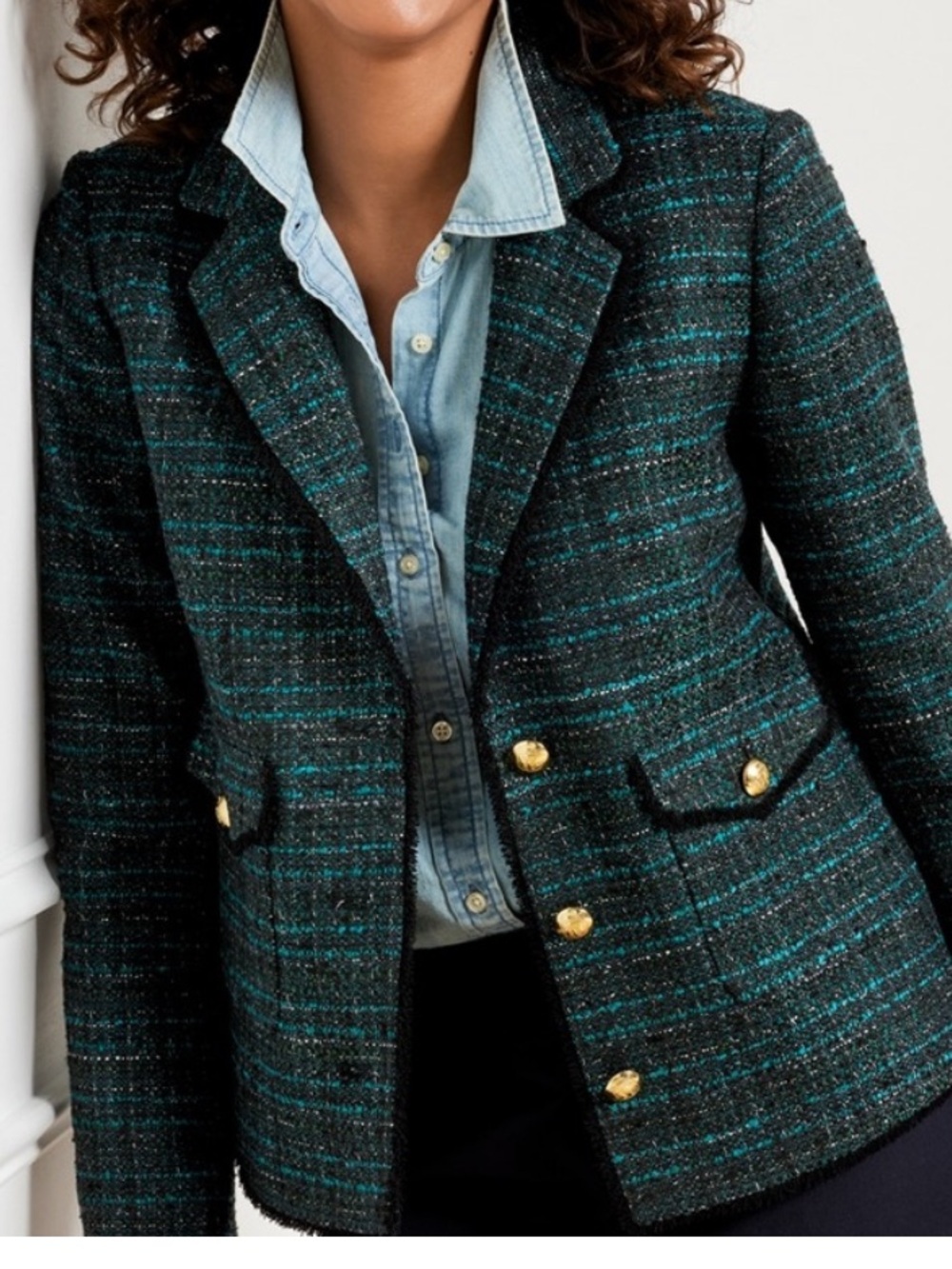 Talbots NWOT Black & Teal Tweed Blazer with Gold Buttons size 6
